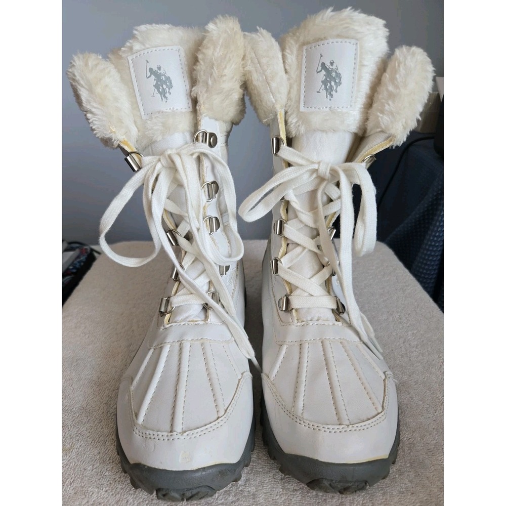 US Polo Winter White Dock Faux Leather With Fur Ankles Boots Size 7B